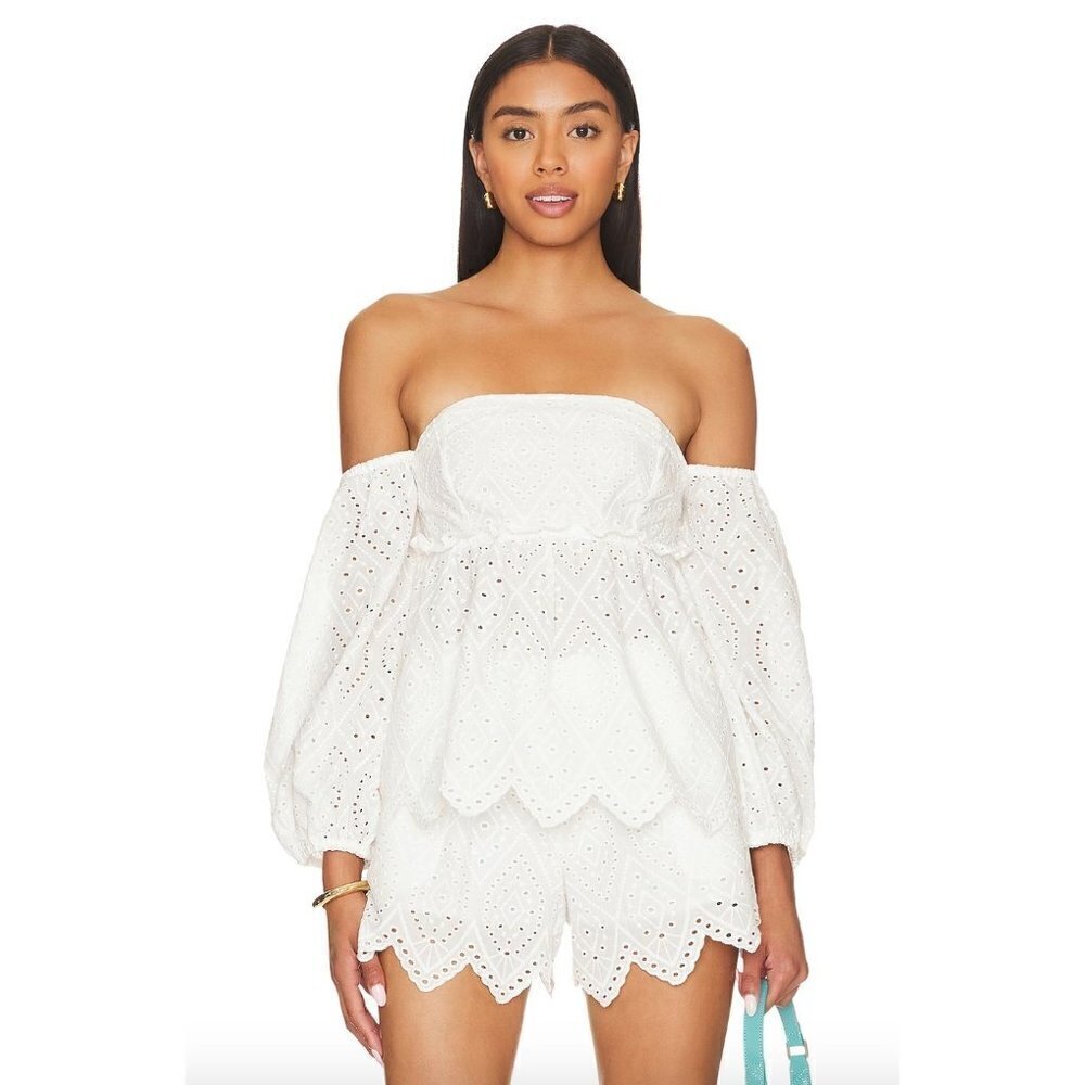 MISA Los Angeles Sera Off The Shoulder Scalloped Eyelet Top White Womens Size M